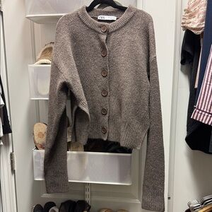 Zara Taupe Button-Up Women Cardigan